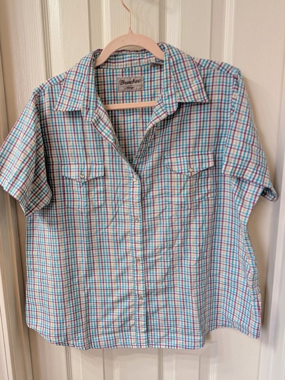 Wrangler Wrancher Short Sleeve Blue and Purple Plaid Shirt Size XL